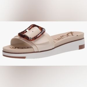 Sam Edelman Ariane Cream Squared Open Toe Buckle Low Wedge Sandals SZ 9M